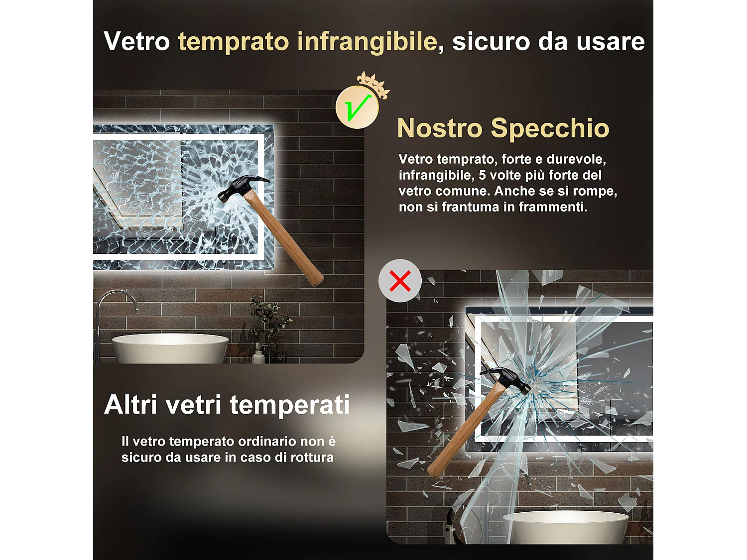70 x 50 cm,AICA Specchio da Bagno LED con Luce, 3 Colori Regolabili,memoria, antiappannamento,CRI>90,autospegnimento