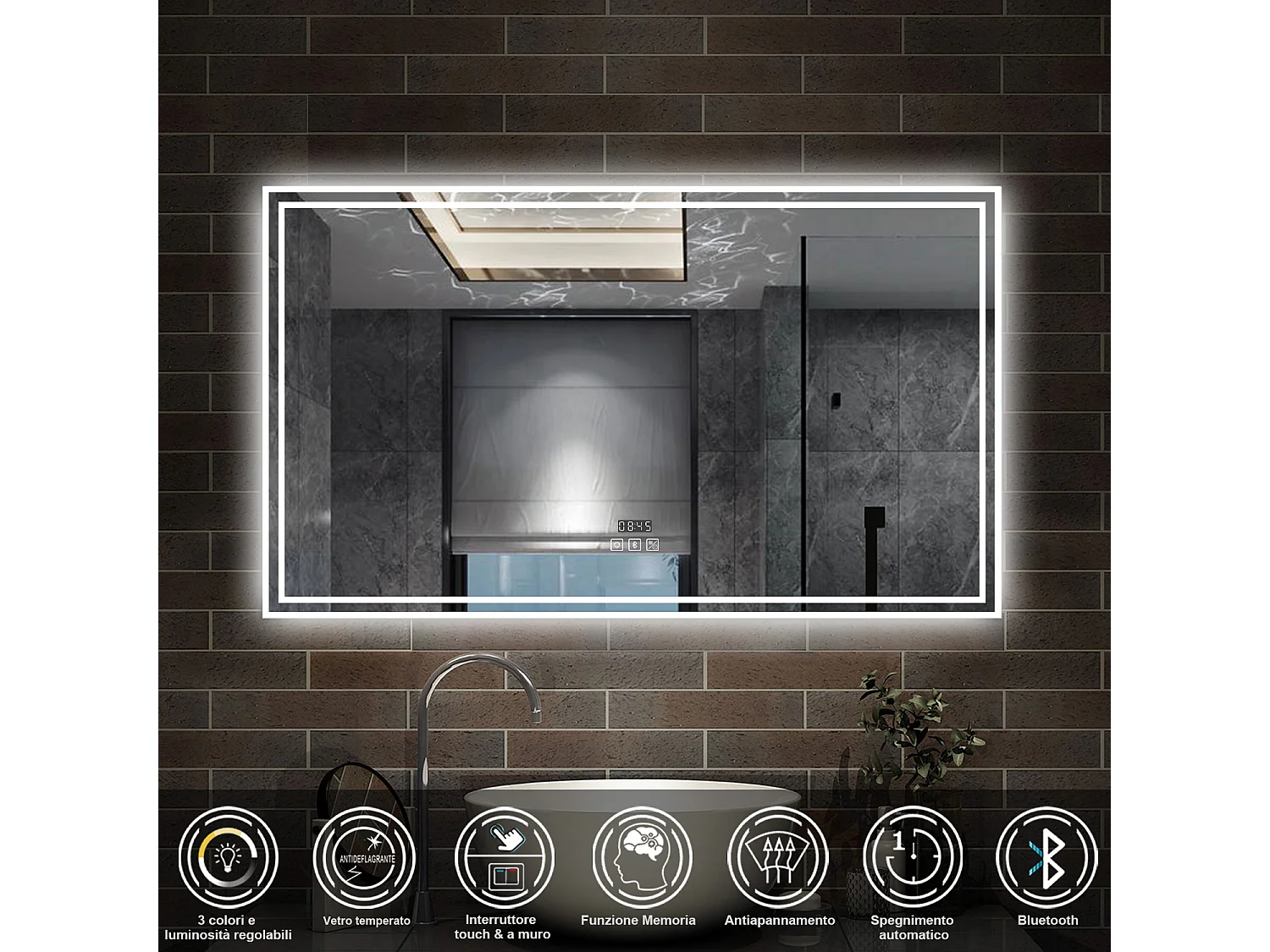 140 x 80 cm,AICA Specchio da Bagno LED con Luce, 3 Colori Regolabili,Blue tooth,orologio,memoria, antiappannamento,CRI>90,autospegnimento