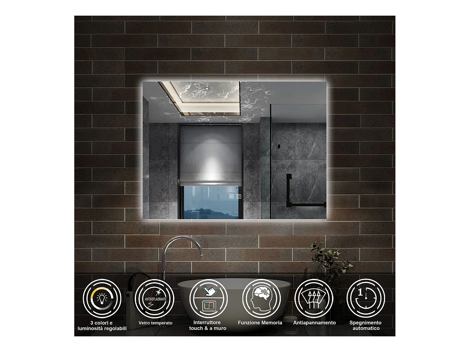 80 x 60 cm,AICA Specchio da Bagno LED con Luce, 3 Colori Regolabili,memoria, antiappannamento,CRI>90,autospegnimento
