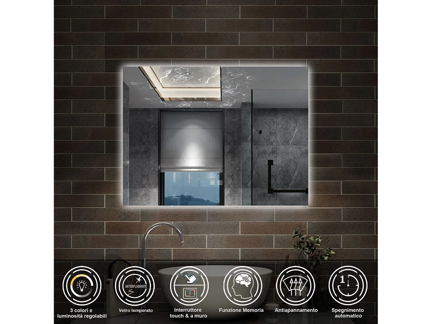 80 x 60 cm,AICA Specchio da Bagno LED con Luce, 3 Colori Regolabili,memoria, antiappannamento,CRI>90,autospegnimento