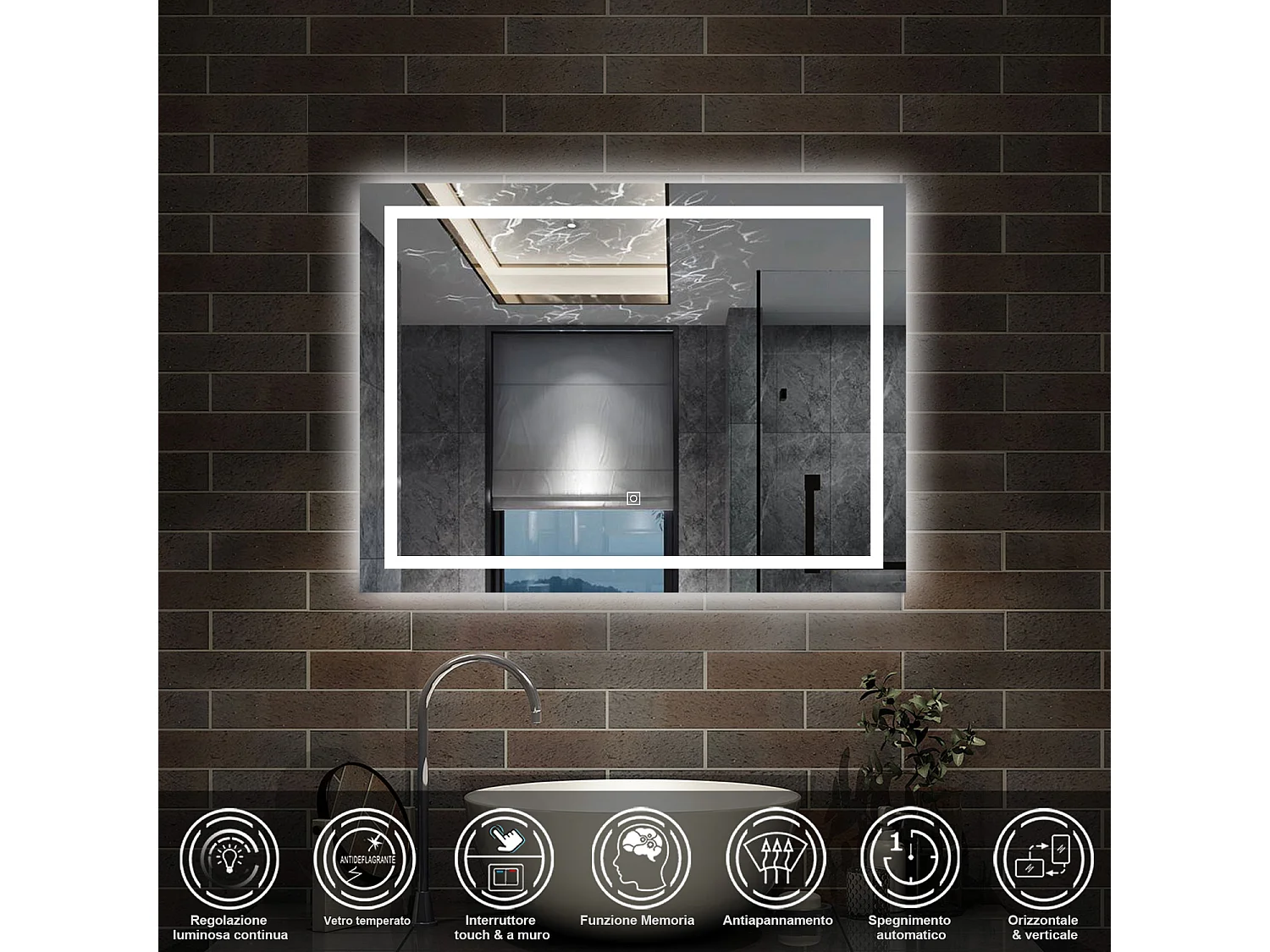 80 x 60 cm,AICA Specchio da Bagno LED con Luce, memoria, antiappannamento,CRI>90,autospegnimento,interruttore touch