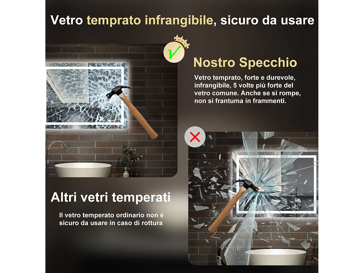 80 x 60 cm,AICA Specchio da Bagno LED con Luce, memoria, antiappannamento,CRI>90,autospegnimento,interruttore touch
