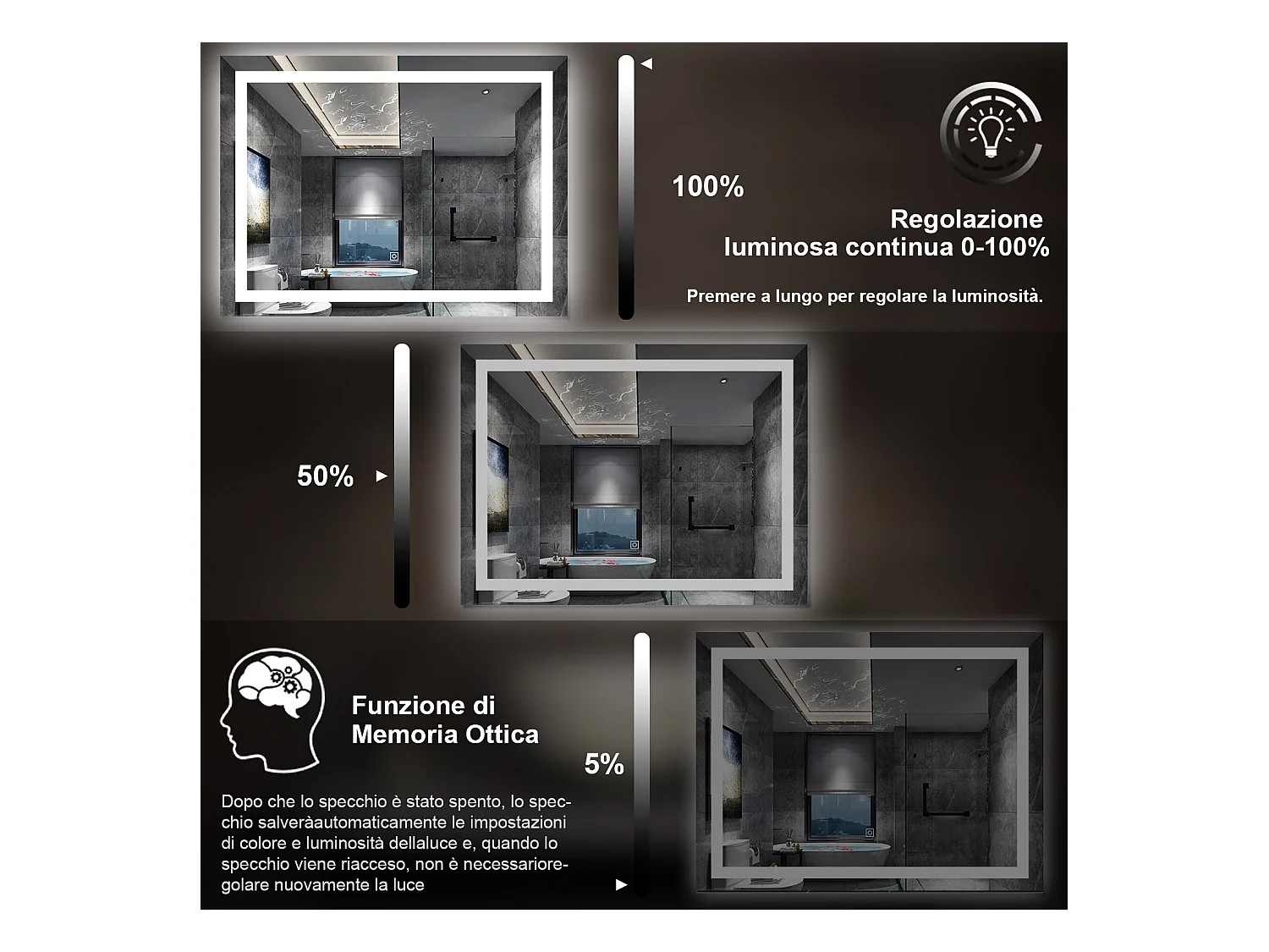 100 x 60 cm,AICA Specchio da Bagno LED con Luce, memoria, antiappannamento,CRI>90,autospegnimento,interruttore touch