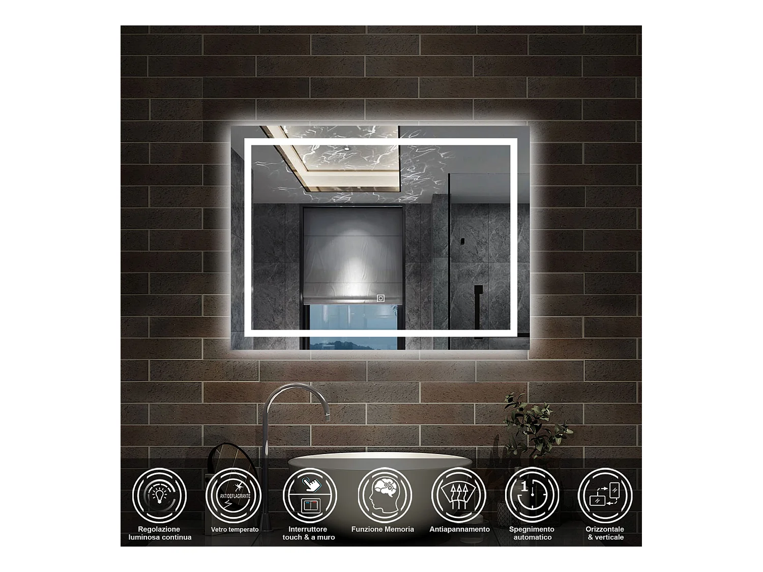 100 x 60 cm,AICA Specchio da Bagno LED con Luce, memoria, antiappannamento,CRI>90,autospegnimento,interruttore touch