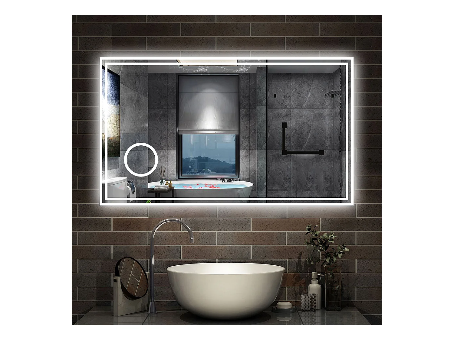 120 x 70 cm,AICA Specchio da Bagno LED con Luce, 3 Colori Regolabili,Ingrandimento, orologio,memoria, antiappannamento,CRI>90,autospegnimento