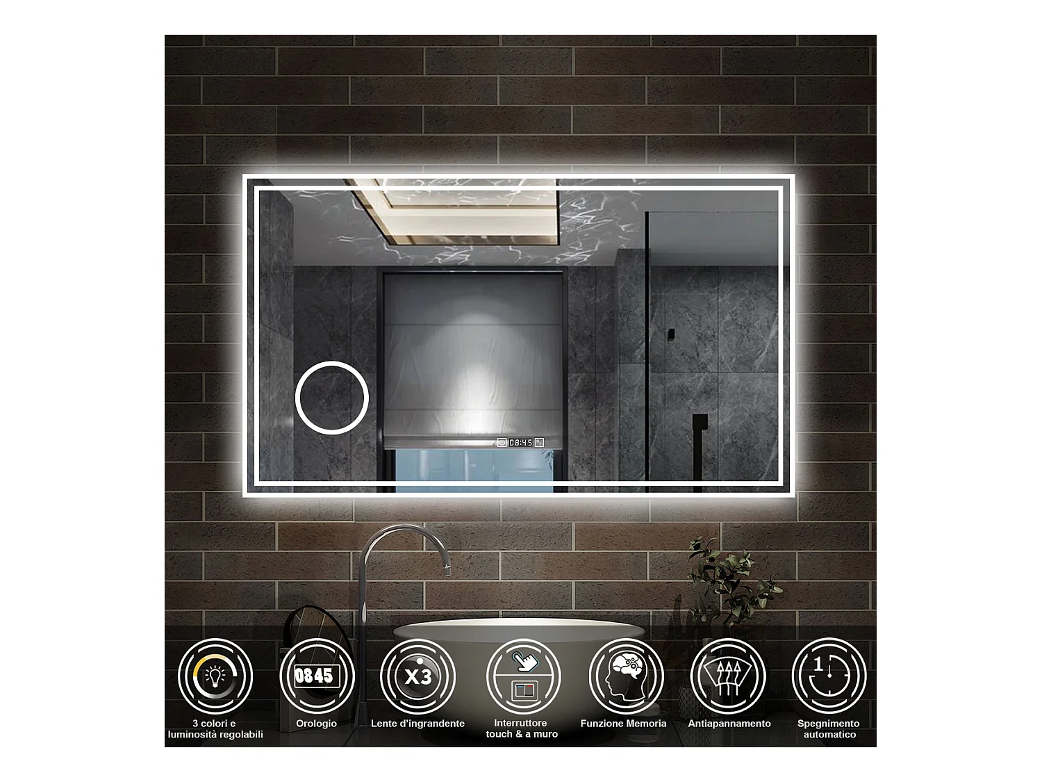 120 x 70 cm,AICA Specchio da Bagno LED con Luce, 3 Colori Regolabili,Ingrandimento, orologio,memoria, antiappannamento,CRI>90,autospegnimento