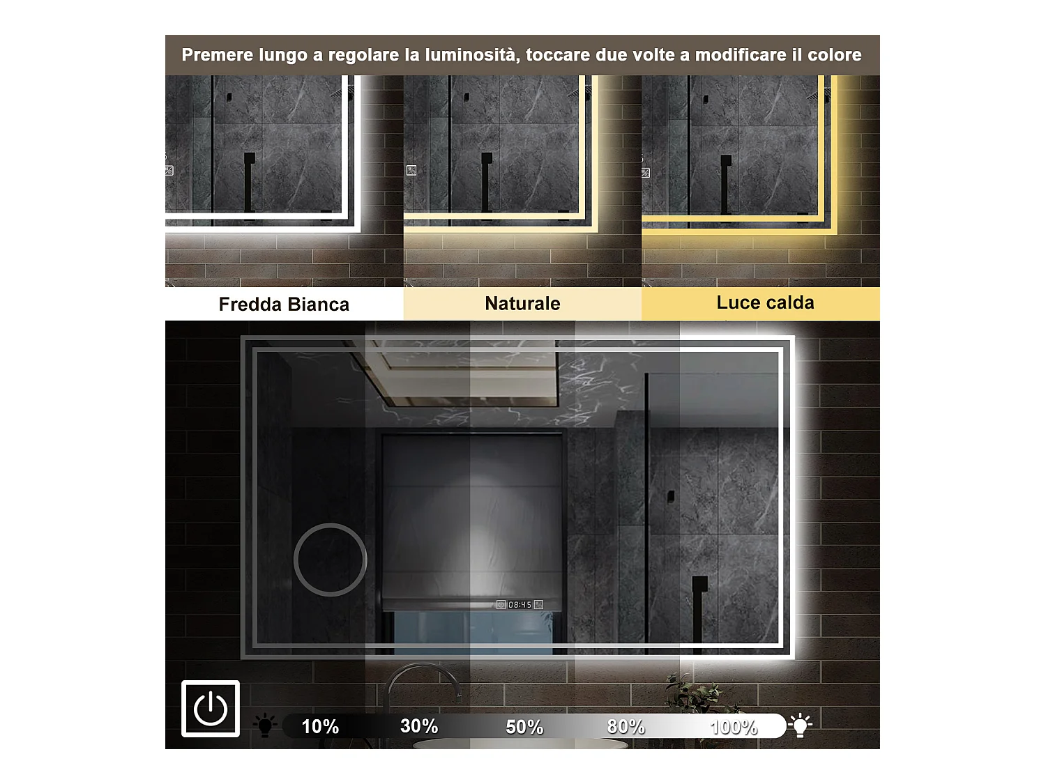 120 x 70 cm,AICA Specchio da Bagno LED con Luce, 3 Colori Regolabili,Ingrandimento, orologio,memoria, antiappannamento,CRI>90,autospegnimento