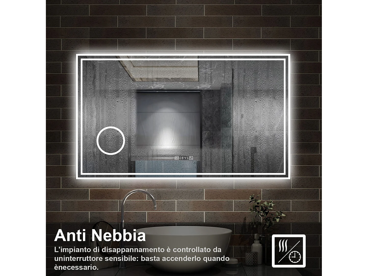 120 x 70 cm,AICA Specchio da Bagno LED con Luce, 3 Colori Regolabili,Ingrandimento, orologio,memoria, antiappannamento,CRI>90,autospegnimento