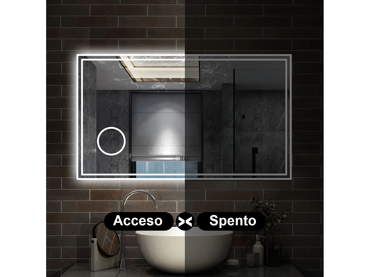 120 x 70 cm,AICA Specchio da Bagno LED con Luce, 3 Colori Regolabili,Ingrandimento, orologio,memoria, antiappannamento,CRI>90,autospegnimento