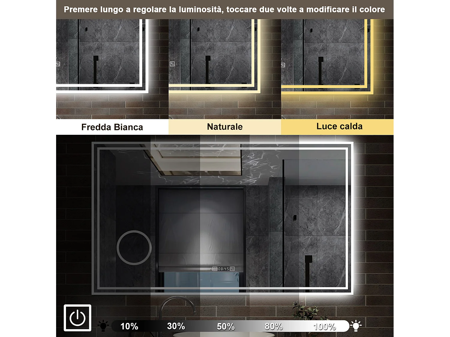 120 x 70 cm,AICA Specchio da Bagno LED con Luce, 3 Colori Regolabili,Ingrandimento, orologio,memoria, antiappannamento,CRI>90,autospegnimento