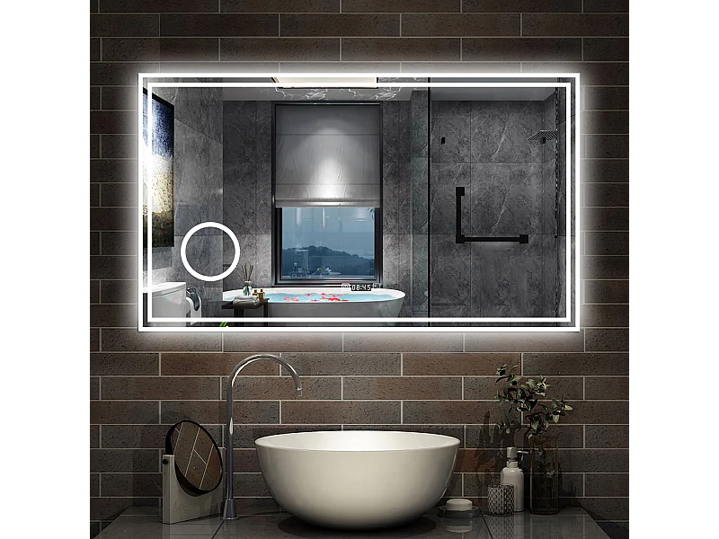 120 x 70 cm,AICA Specchio da Bagno LED con Luce, 3 Colori Regolabili,Ingrandimento, orologio,memoria, antiappannamento,CRI>90,autospegnimento