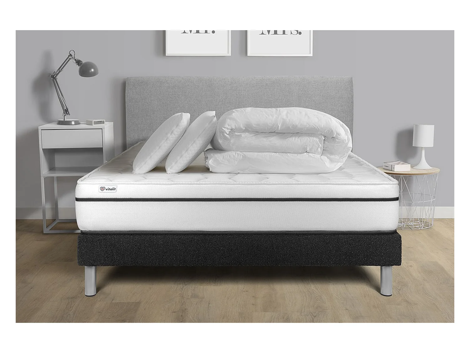 Pack lit complet - Matelas 200x200 cm + Sommier tapissier à lattes (en kit) + 2 oreillers + Couette - Vital Spa
