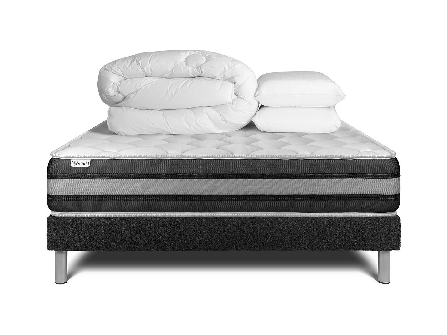 Pack lit complet - Matelas 200x200 cm + Sommier tapissier à lattes (en kit) + 2 oreillers + Couette - Vitalspring Zen