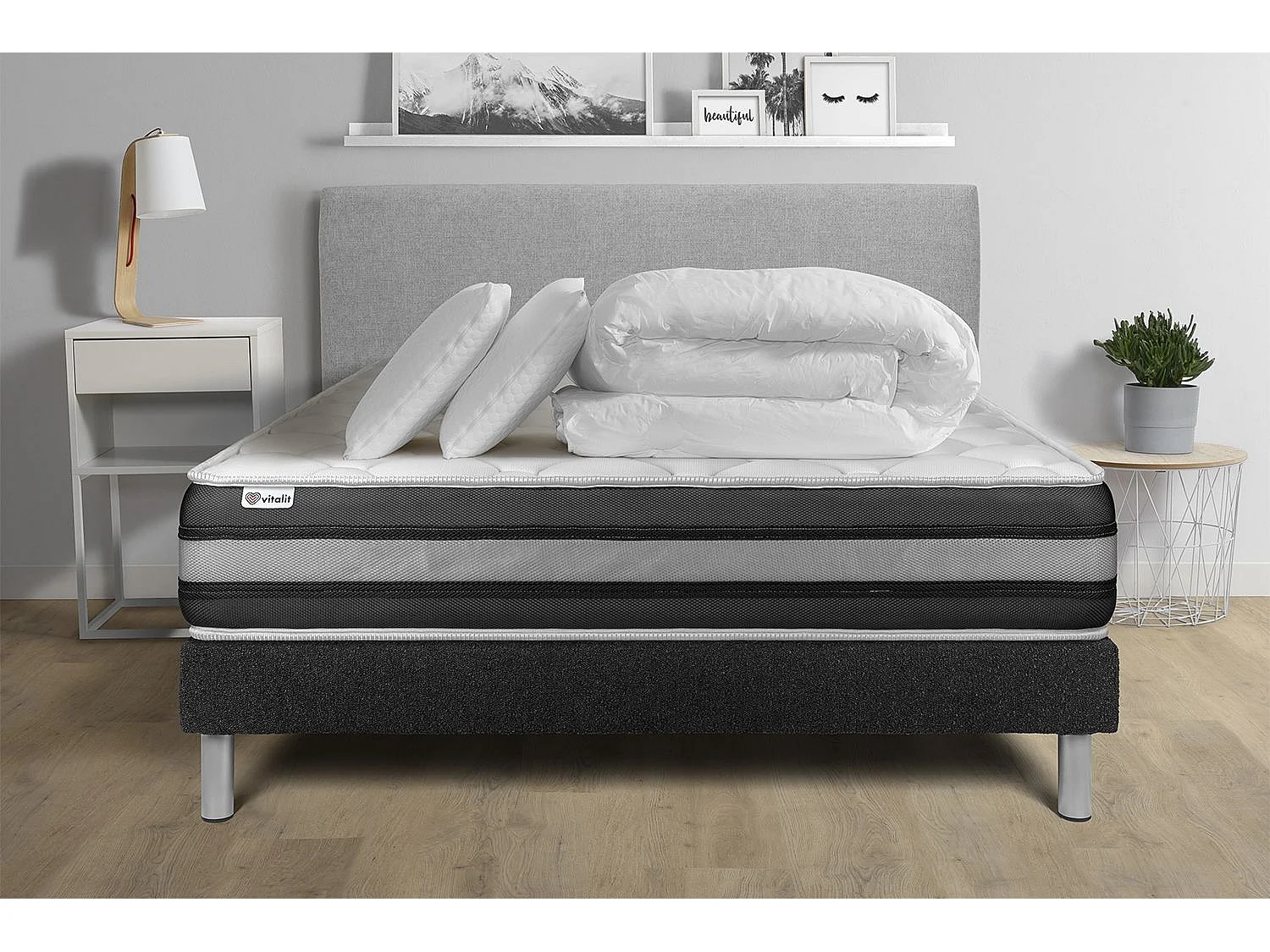 Pack lit complet - Matelas 200x200 cm + Sommier tapissier à lattes (en kit) + 2 oreillers + Couette - Vitalspring Zen