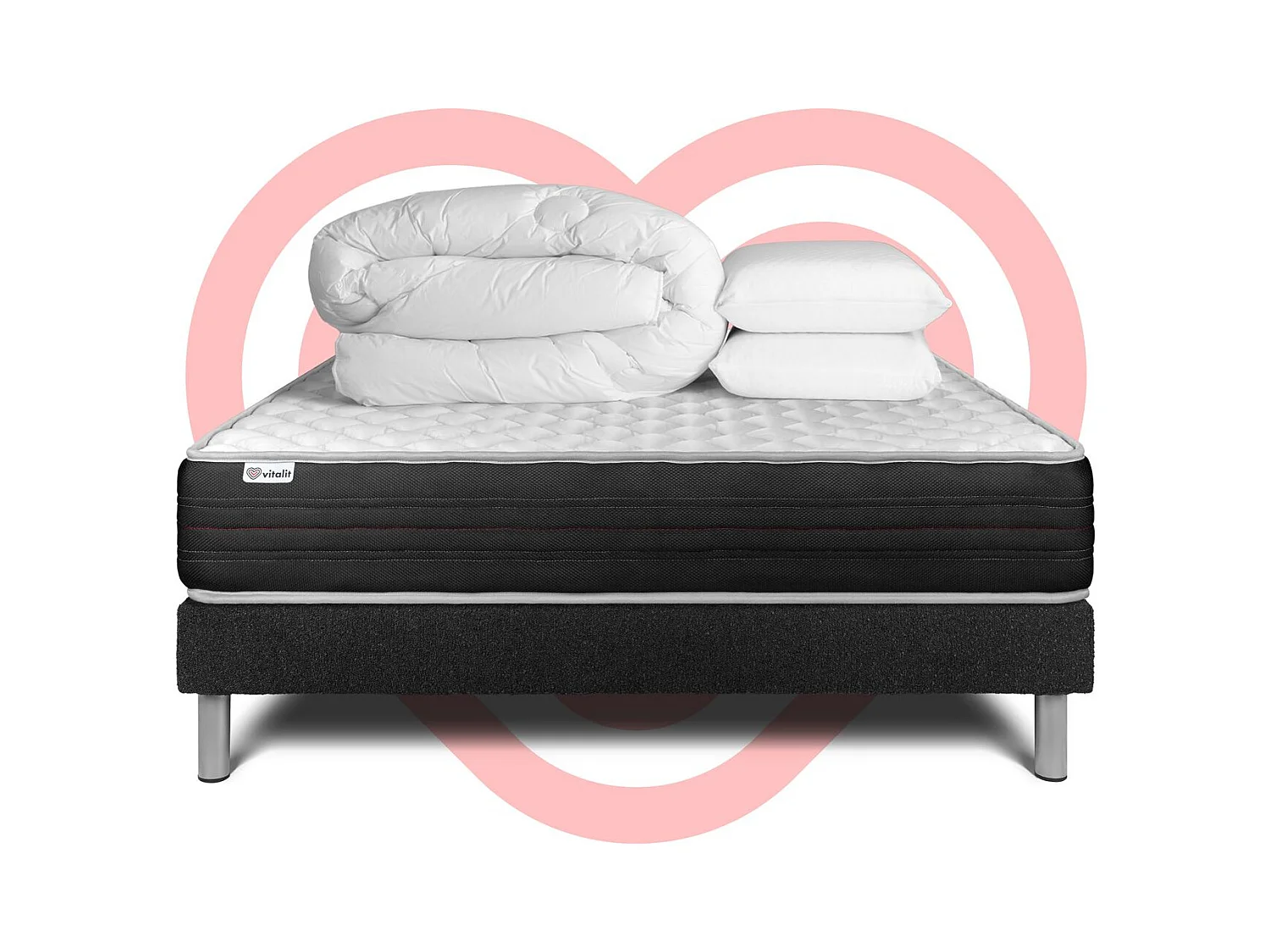 Pack lit complet - Matelas 200x200 cm + Sommier tapissier à lattes (en kit) + 2 oreillers + Couette - Vitalmemo One
