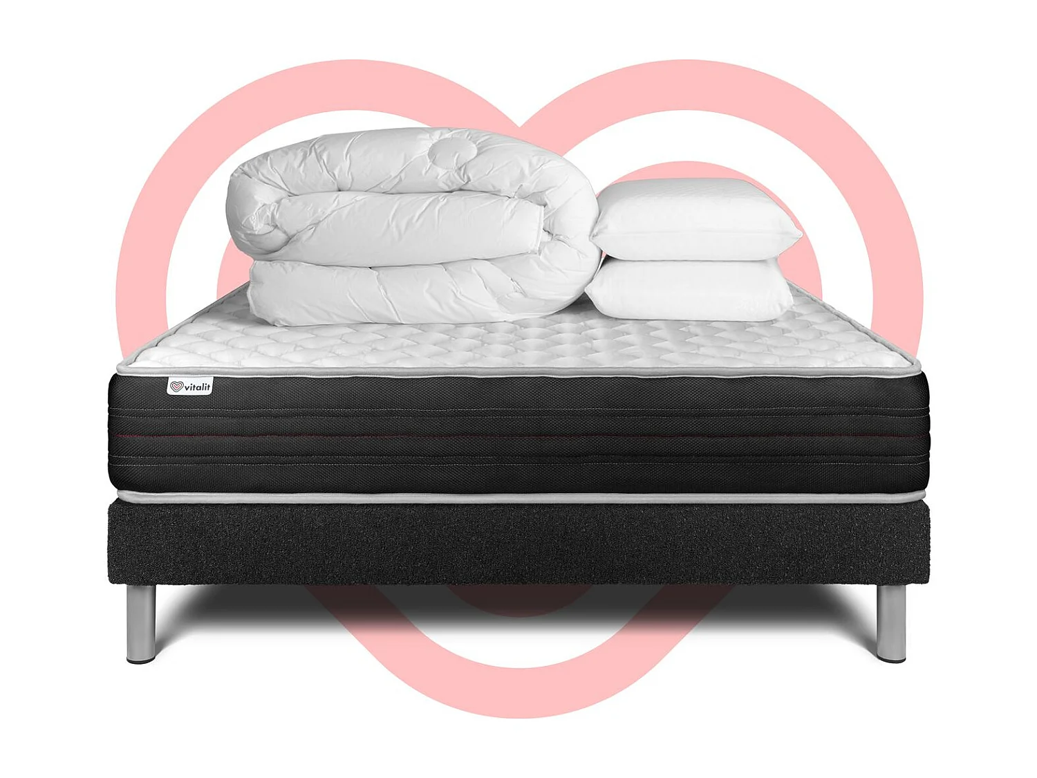 Pack lit complet - Matelas 200x200 cm + Sommier tapissier à lattes (en kit) + 2 oreillers + Couette - Vitalmemo One