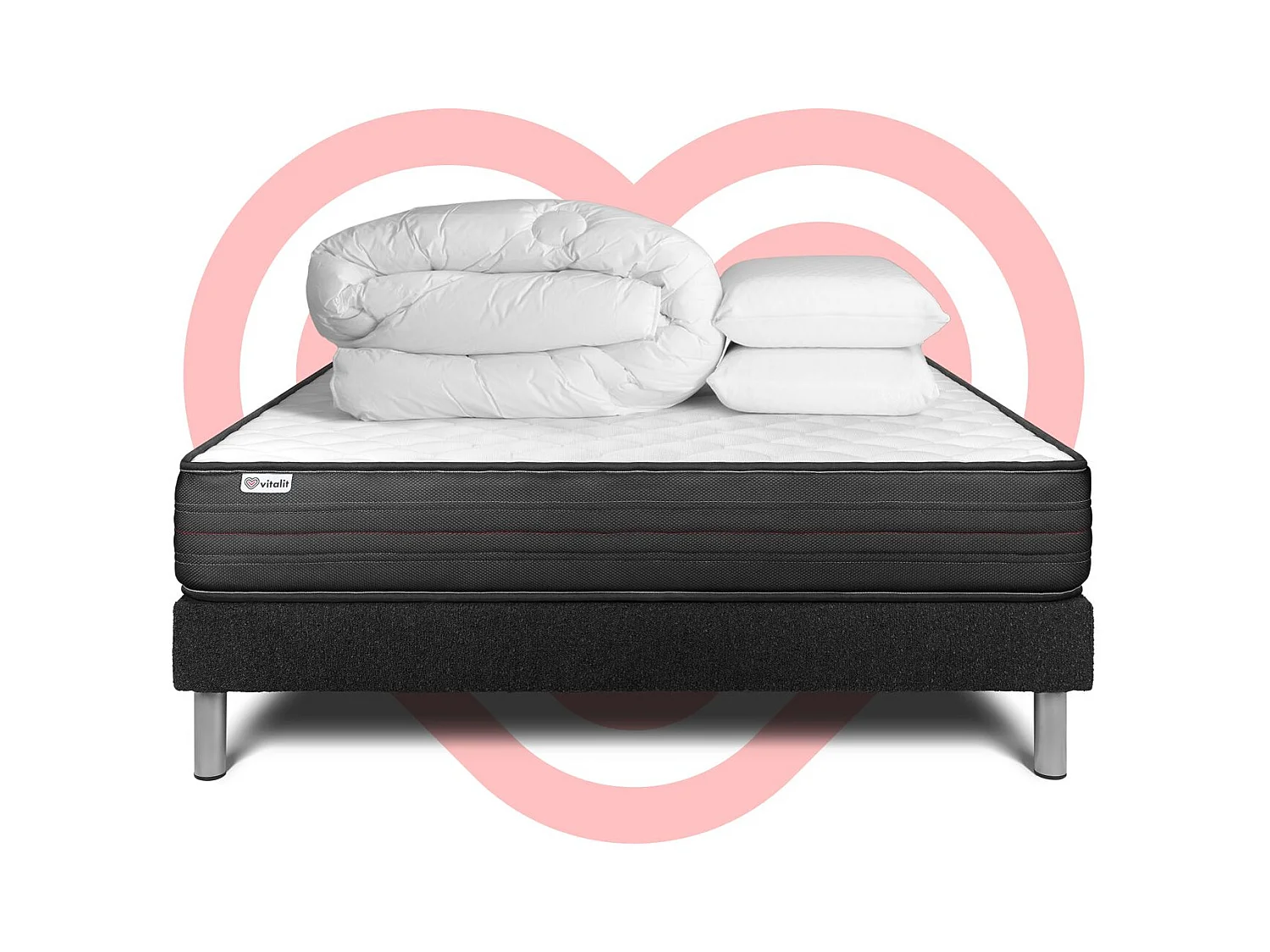 Pack lit complet - Matelas 200x200 cm + Sommier tapissier à lattes (en kit) + 2 oreillers + Couette - Vitalpower
