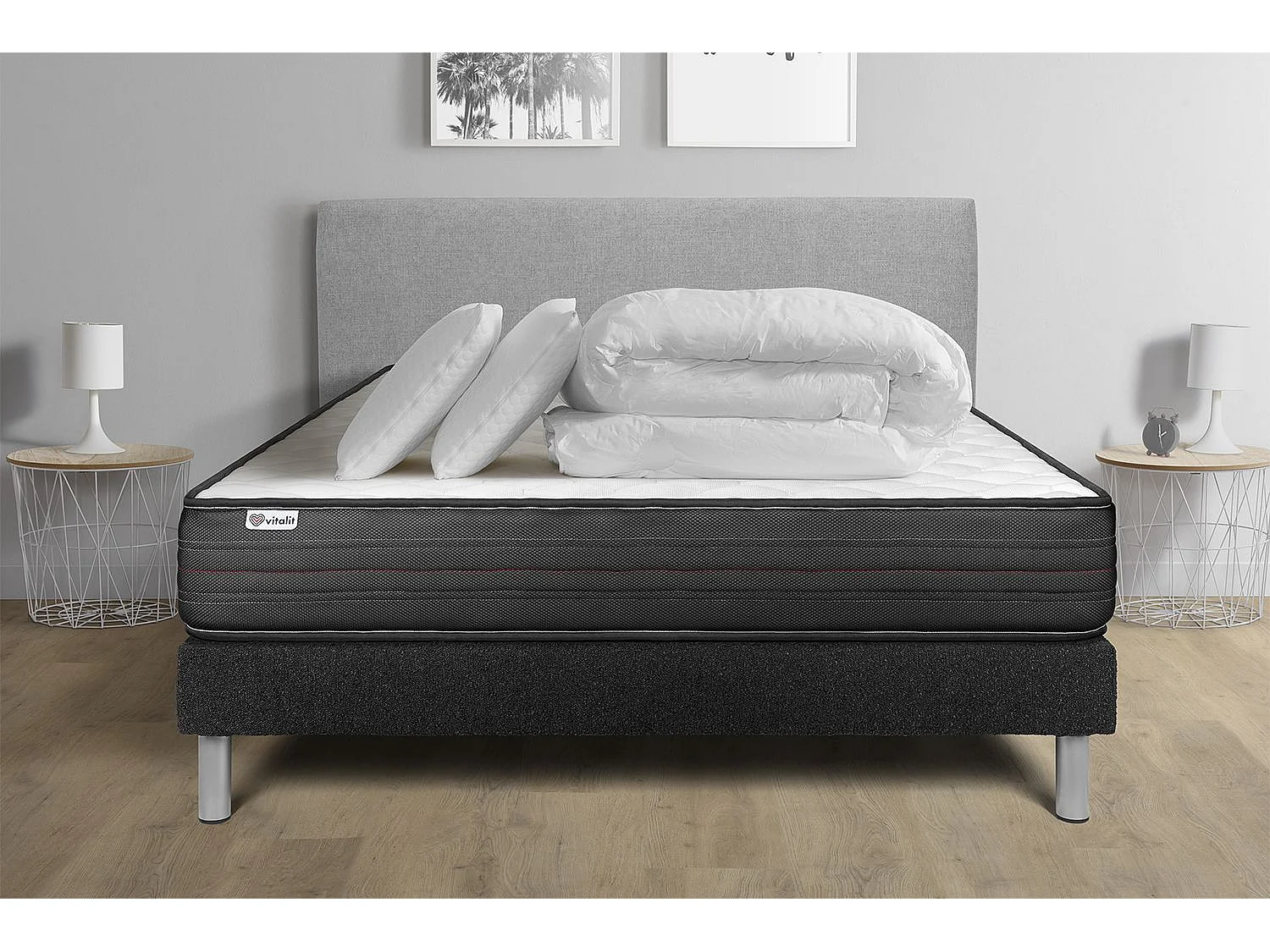 Pack lit complet - Matelas 200x200 cm + Sommier tapissier à lattes (en kit) + 2 oreillers + Couette - Vitalpower