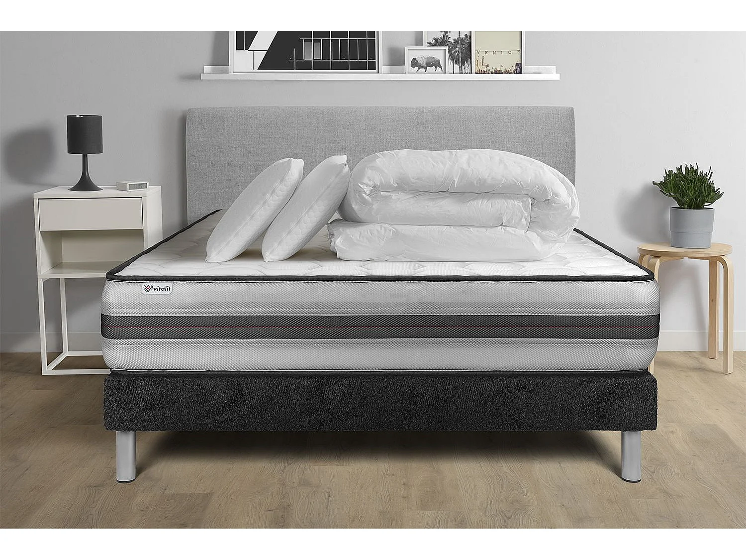 Pack cama completa - Colchón 200x200cm + Somier con láminas (en kit) + 2 almohadas + Edredón - Vitalpower Recover