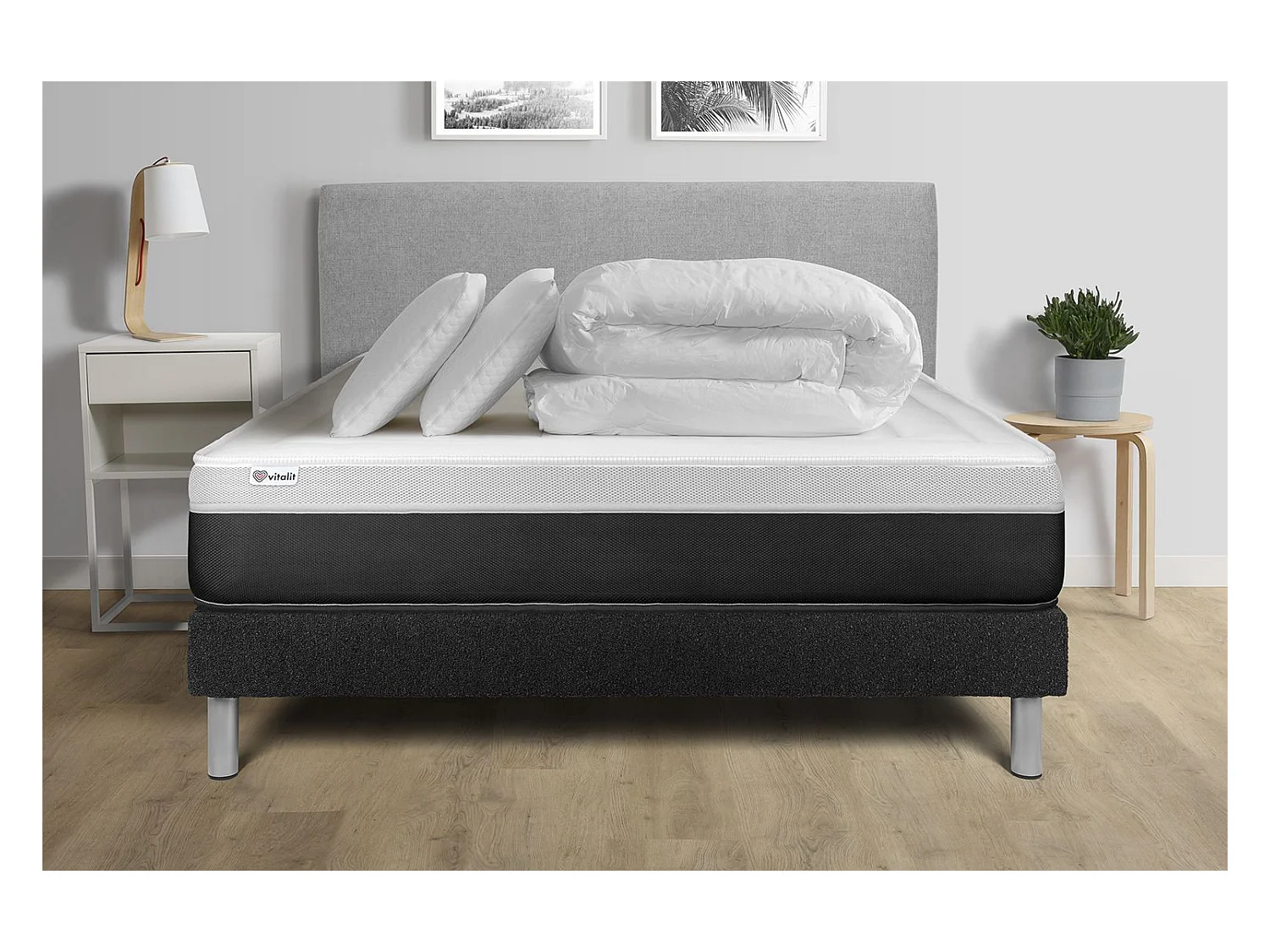 Pack lit complet - Matelas 200x200 cm + Sommier tapissier à lattes (en kit) + 2 oreillers + Couette - Vital Form