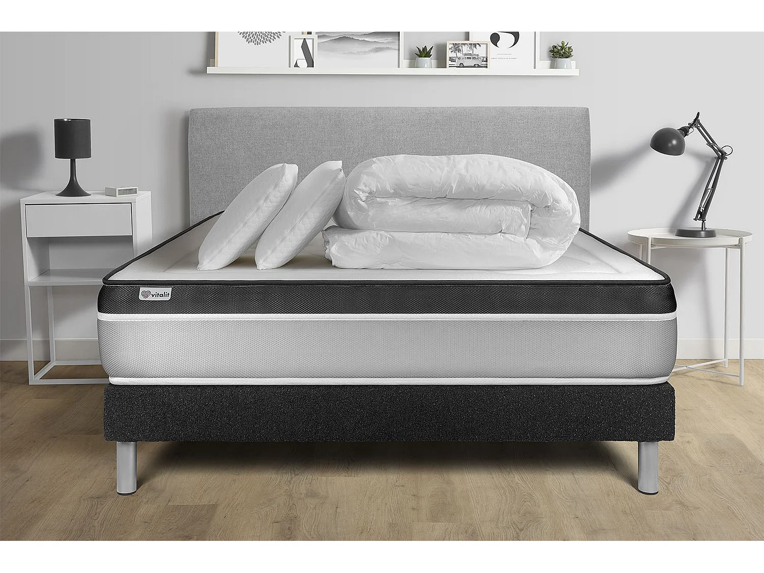 Pack lit complet - Matelas 200x200 cm + Sommier tapissier à lattes (en kit) + 2 oreillers + Couette - Vital Ergo