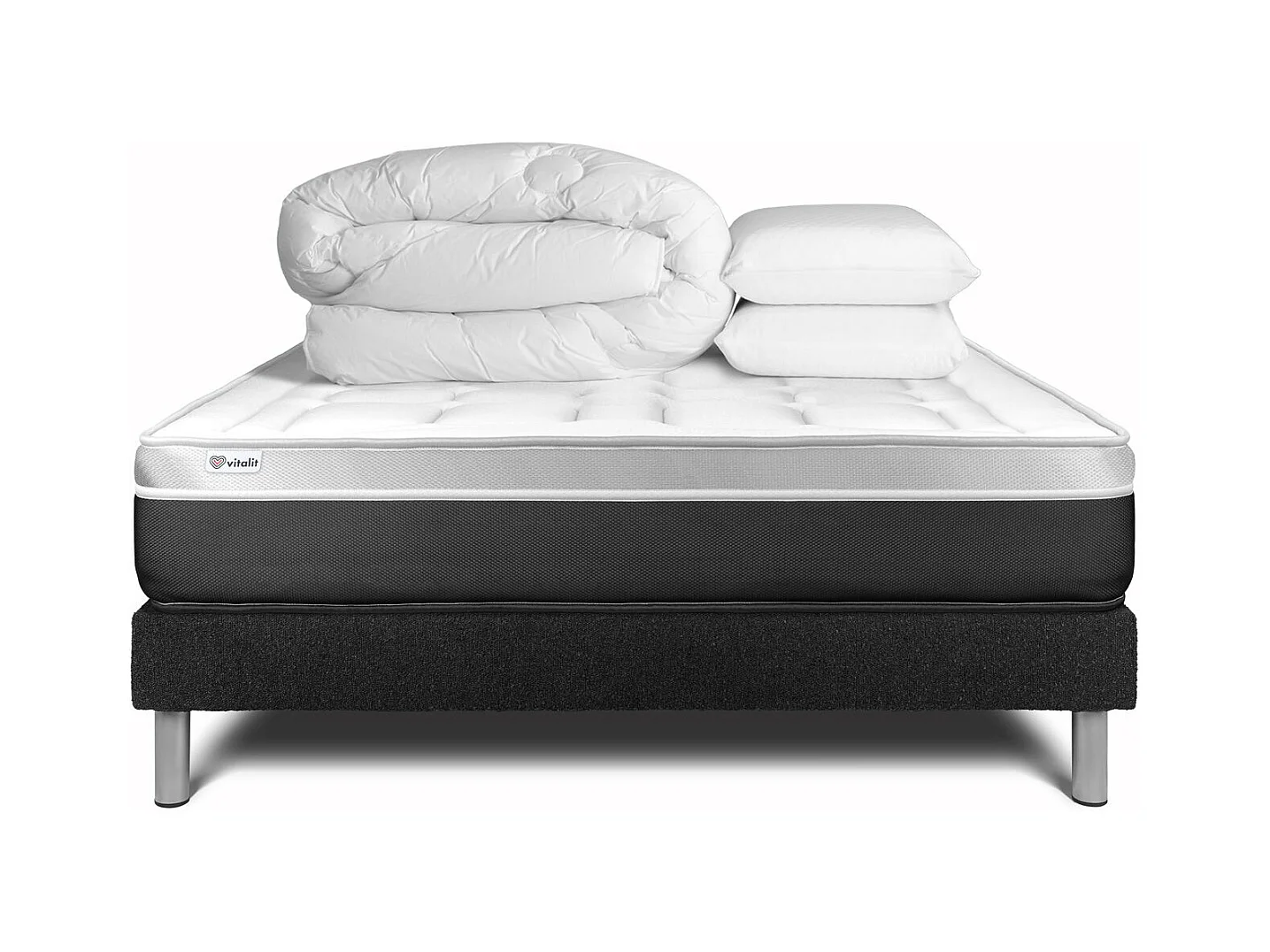 Pack lit complet - Matelas 200x200 cm + Sommier tapissier à lattes (en kit) + 2 oreillers + Couette - Vital Soft