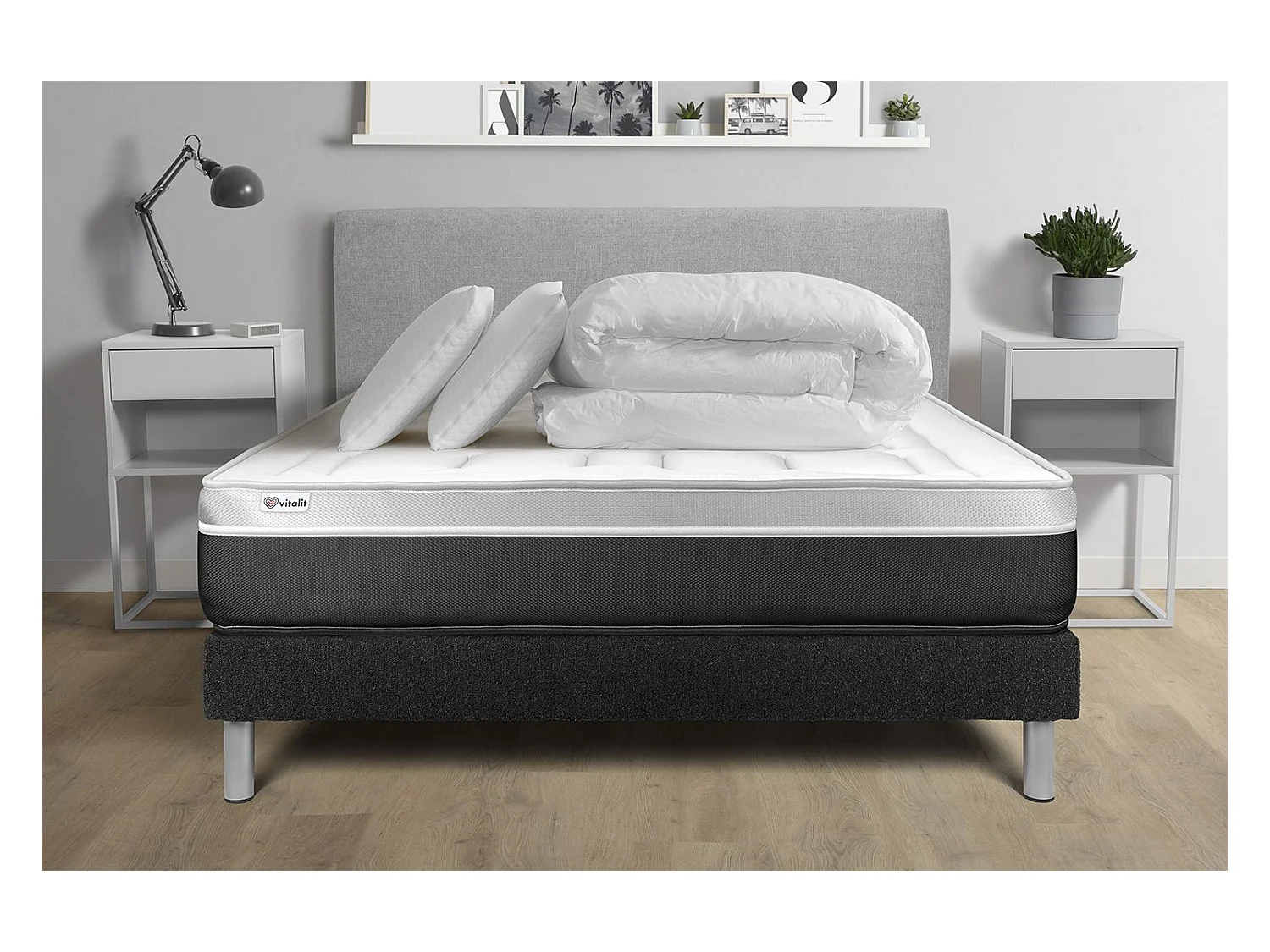 Pack lit complet - Matelas 200x200 cm + Sommier tapissier à lattes (en kit) + 2 oreillers + Couette - Vital Soft