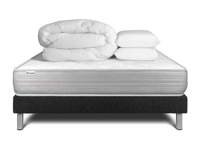 Pack lit complet - Matelas 200x200 cm + Sommier tapissier à lattes (en kit) + 2 oreillers + Couette - Vitalmemo