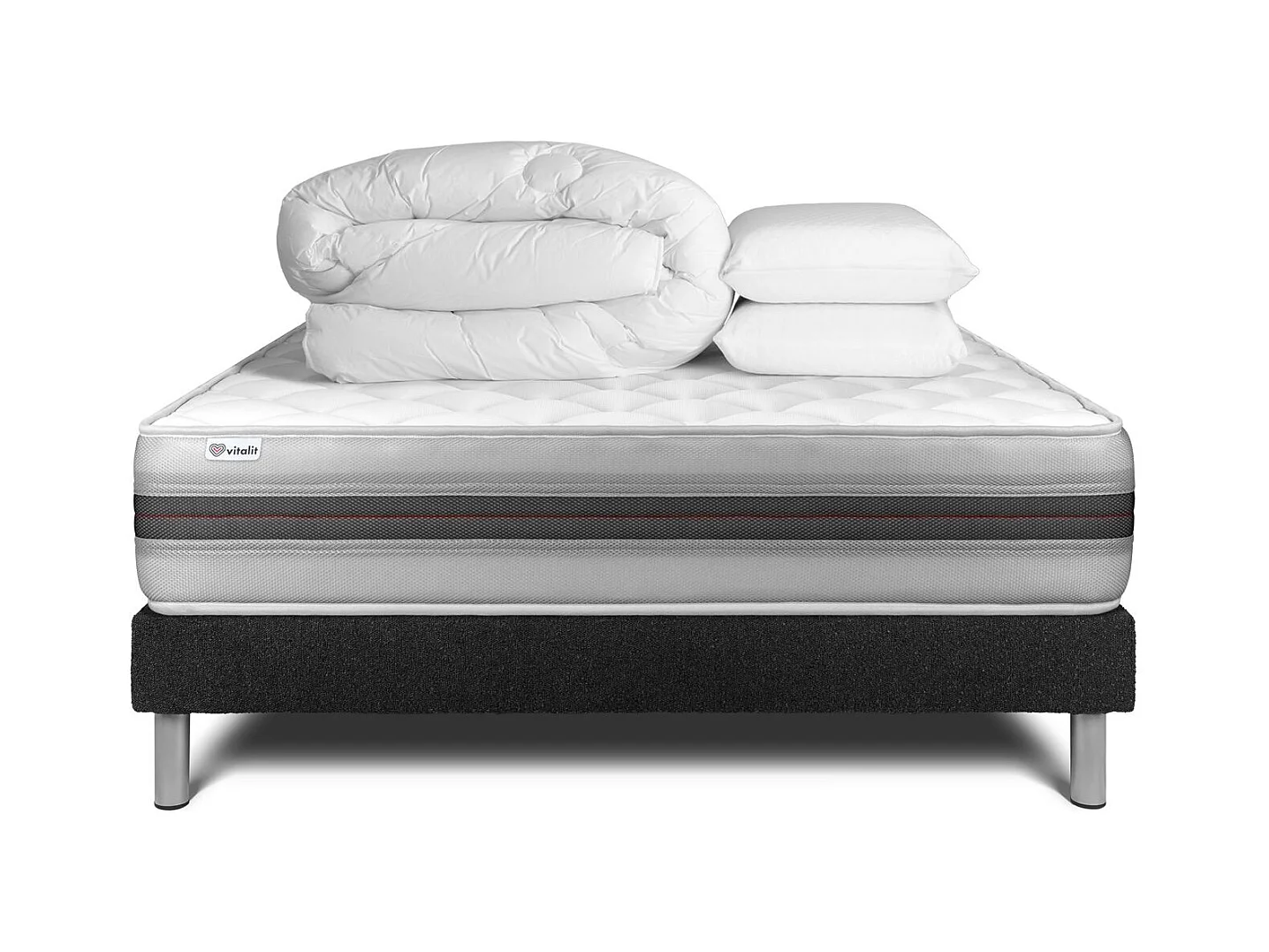 Pack lit complet - Matelas 200x200 cm + Sommier tapissier à lattes (en kit) + 2 oreillers + Couette - Vitalmemo Back