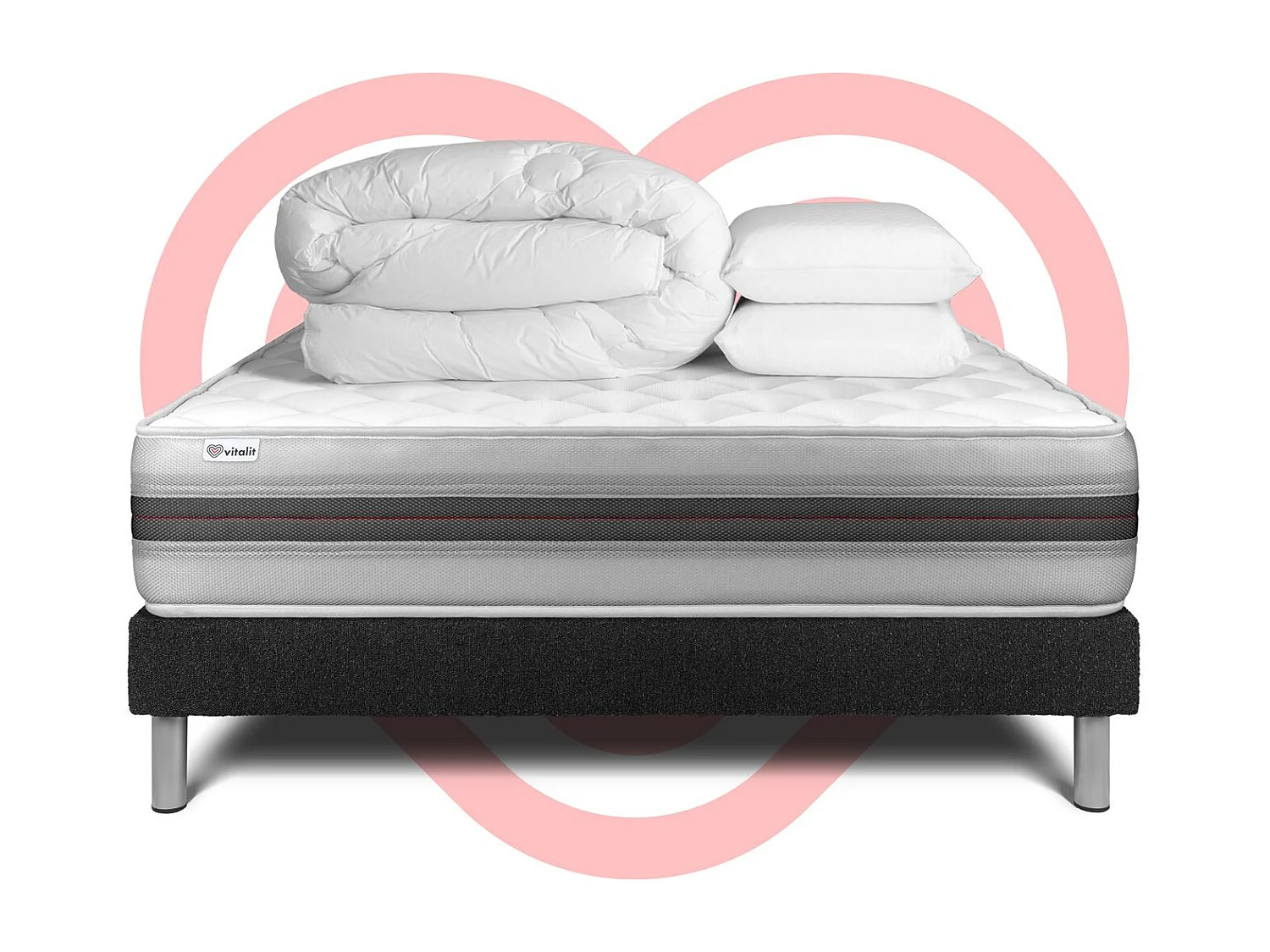 Pack lit complet - Matelas 200x200 cm + Sommier tapissier à lattes (en kit) + 2 oreillers + Couette - Vitalmemo Back