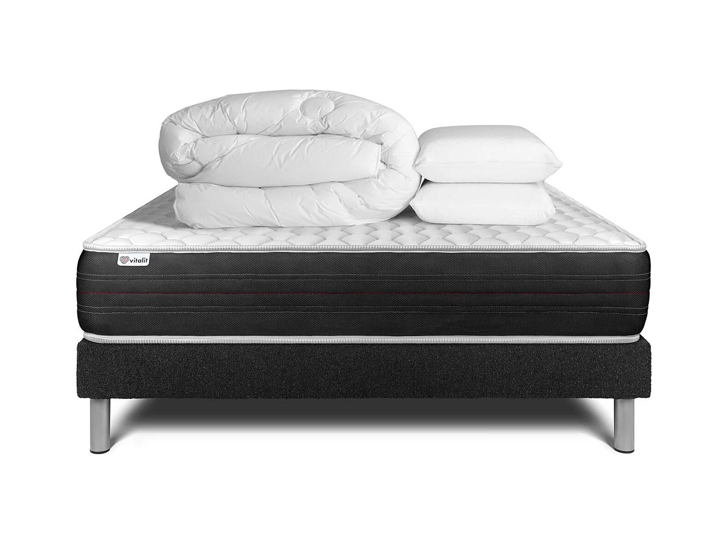 Pack lit complet - Matelas 200x200 cm + Sommier tapissier à lattes (en kit) + 2 oreillers + Couette - Vitalspring