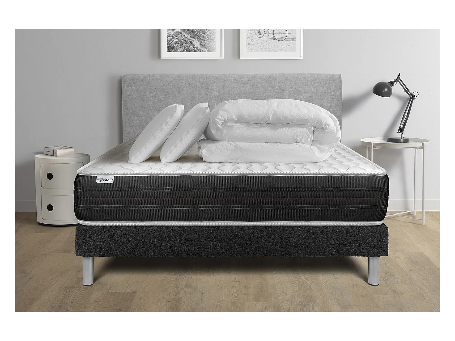 Pack lit complet - Matelas 200x200 cm + Sommier tapissier à lattes (en kit) + 2 oreillers + Couette - Vitalspring