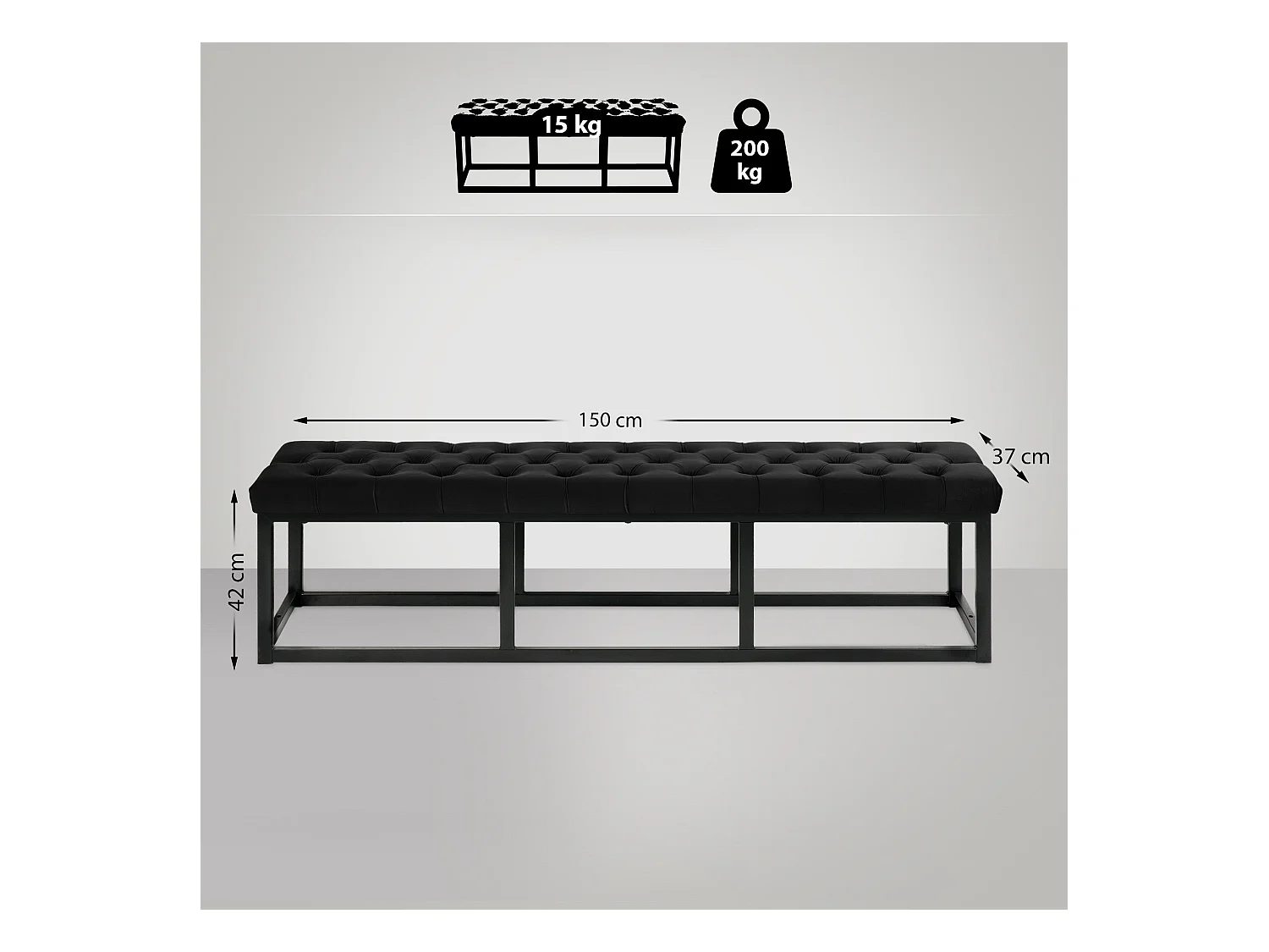 Banquette capitonné bout de métal argentée 150 x 37 x 42 cm BAN10113