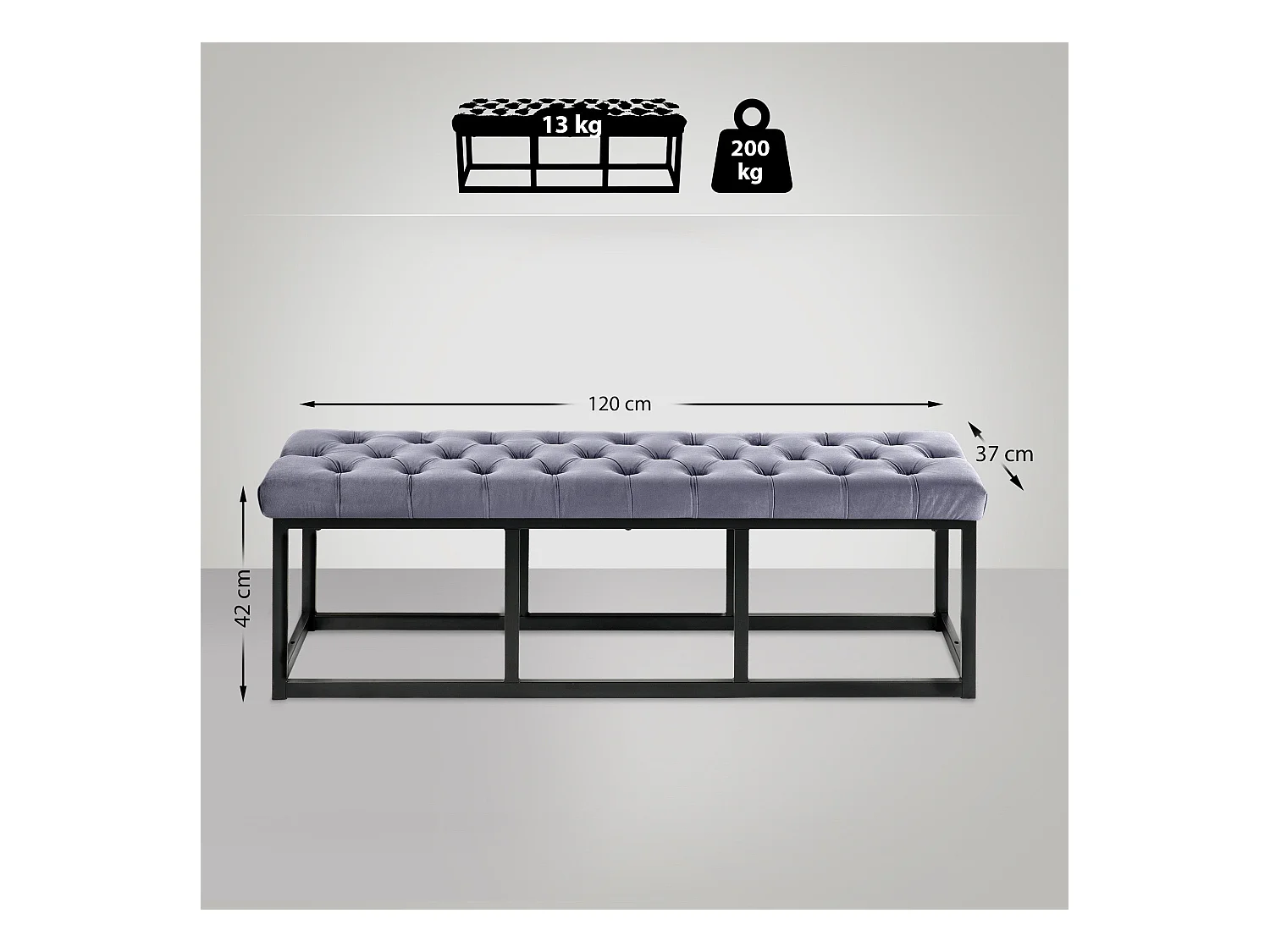 Banquette capitonné bout de métal grise 120 x 37 x 42 cm BAN10110