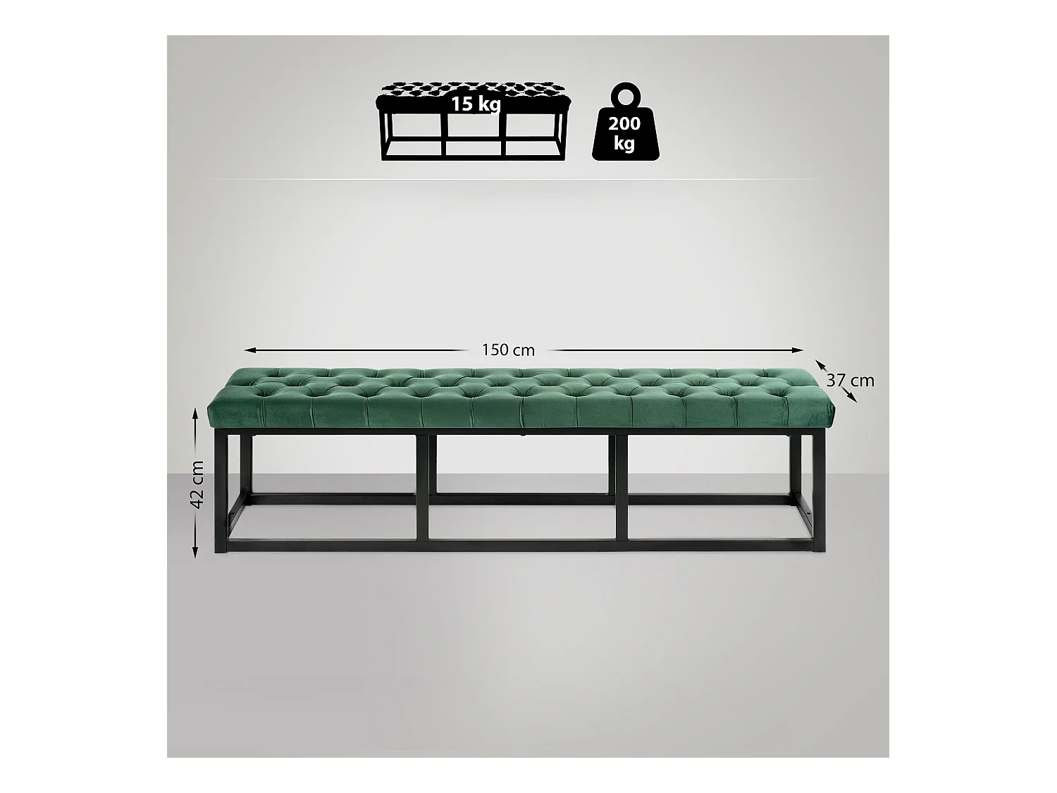 Banquette capitonné bout de métal argentée 150 x 37 x 42 cm BAN10112