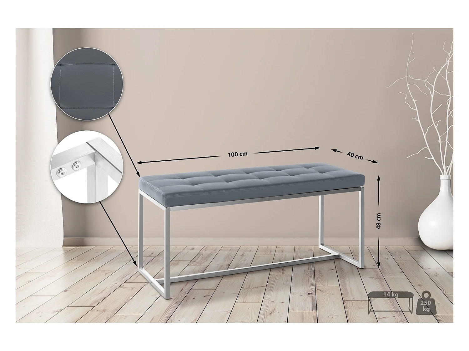 Banc banquette en PVC argenté 100 x 40 x 48 cm 10_0005504