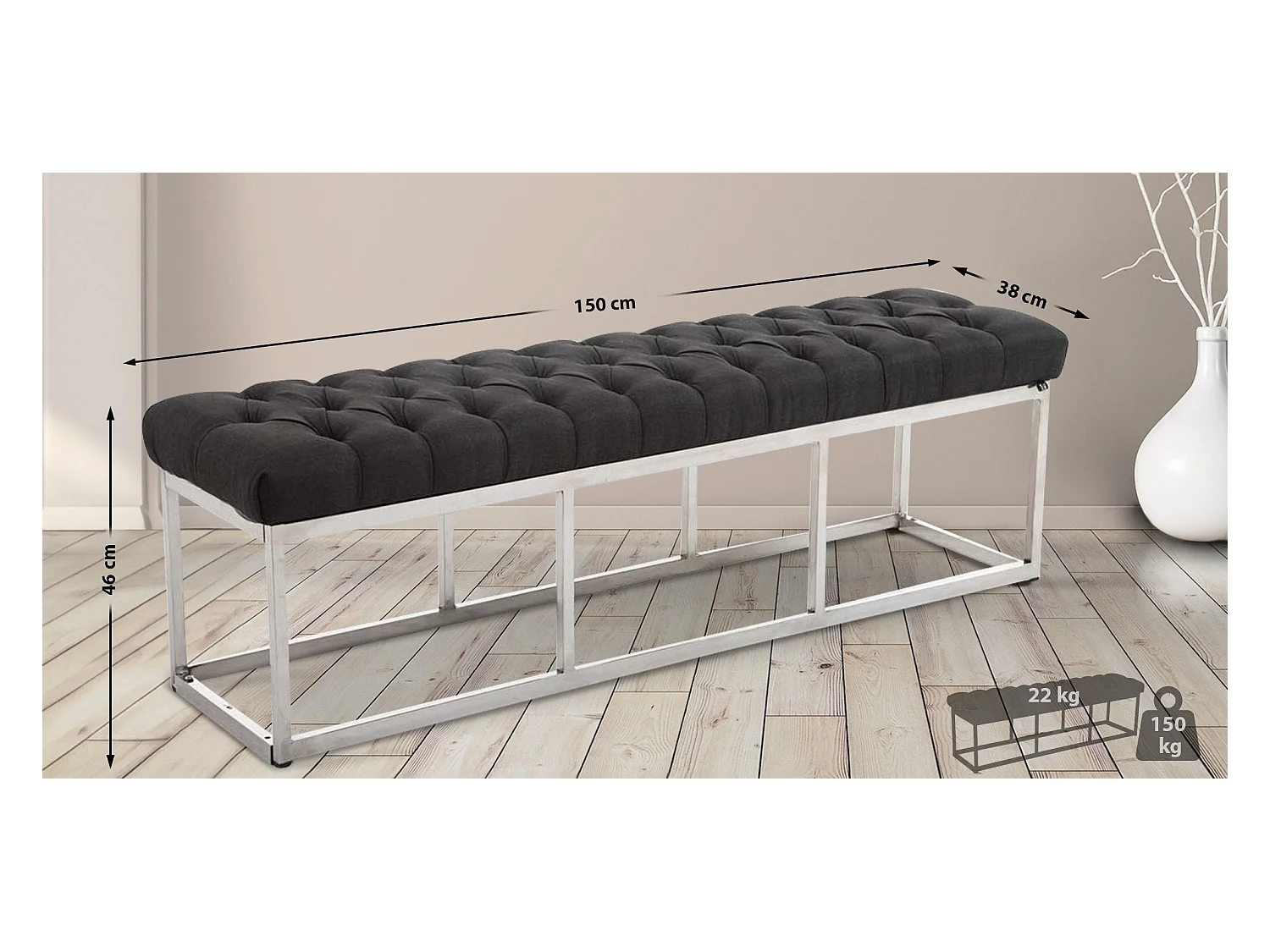 Banquette banc capitonné rembourré argenté 150 x 38 x 46 cm 10_0003647