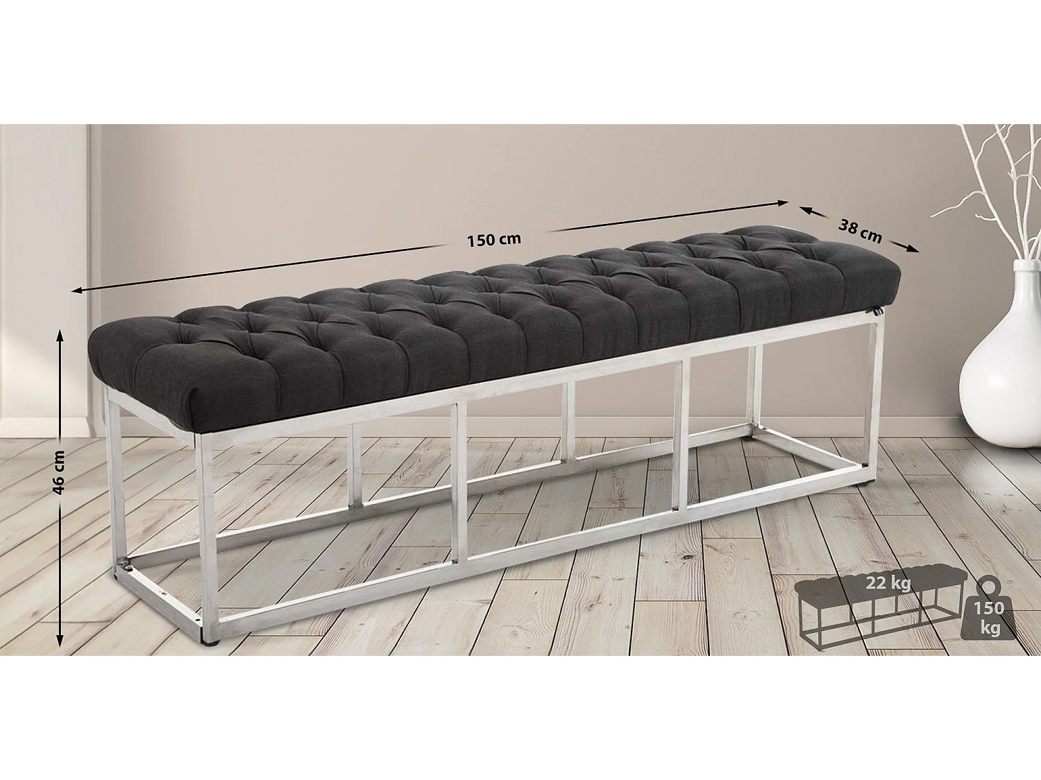 Banquette banc capitonné rembourré argenté 150 x 38 x 46 cm 10_0003647