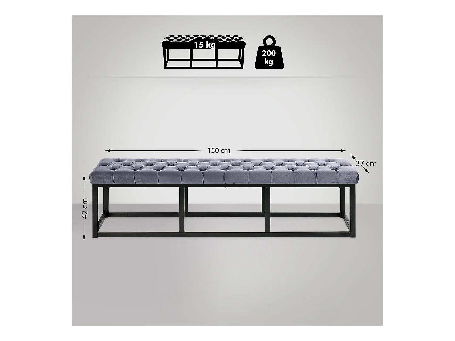 Banquette capitonné bout de métal grise 150 x 37 x 42 cm BAN10114