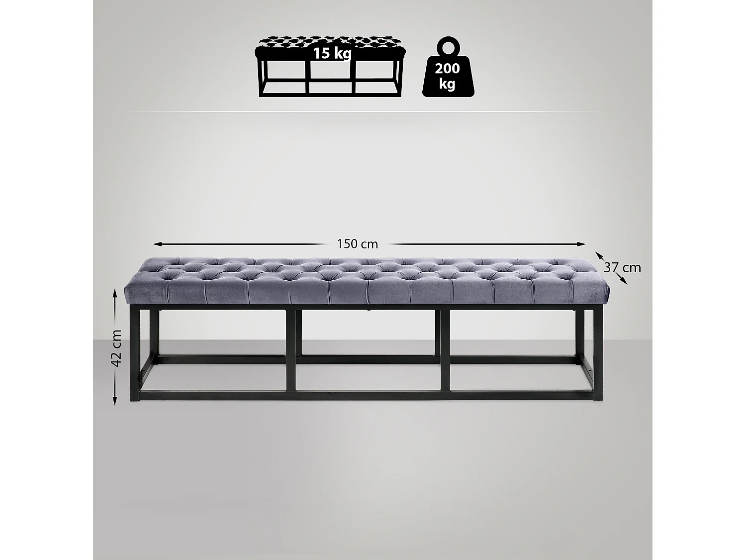 Banquette capitonné bout de métal grise 150 x 37 x 42 cm BAN10114