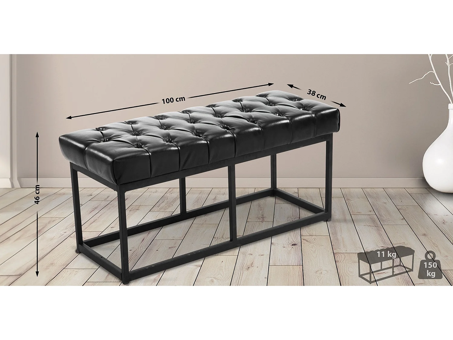 Banquette banc capitonné rembourré métal argentée 100 x 38 x 46 cm 10_0003629