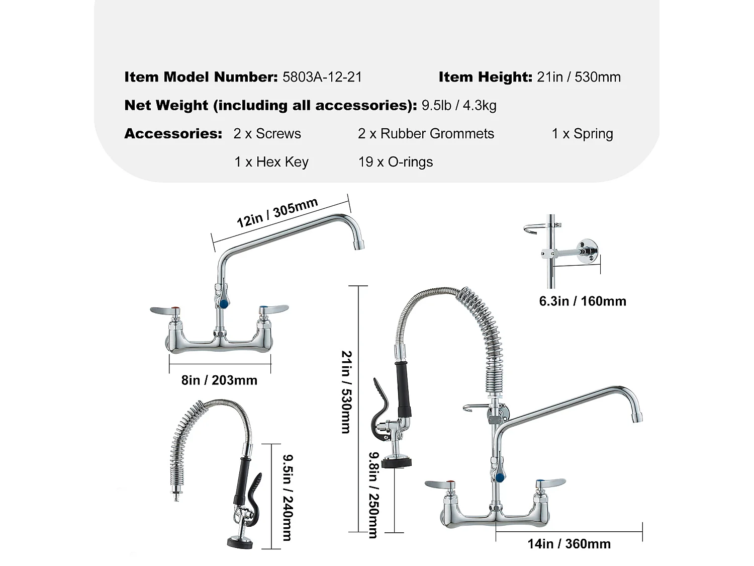 Robinet de Cuisine, SucceBuy Robinet d'Évier de Cuisine Mural Commercial - Avec Pulvérisateur de Pré-Rinçage, 53.3 cm