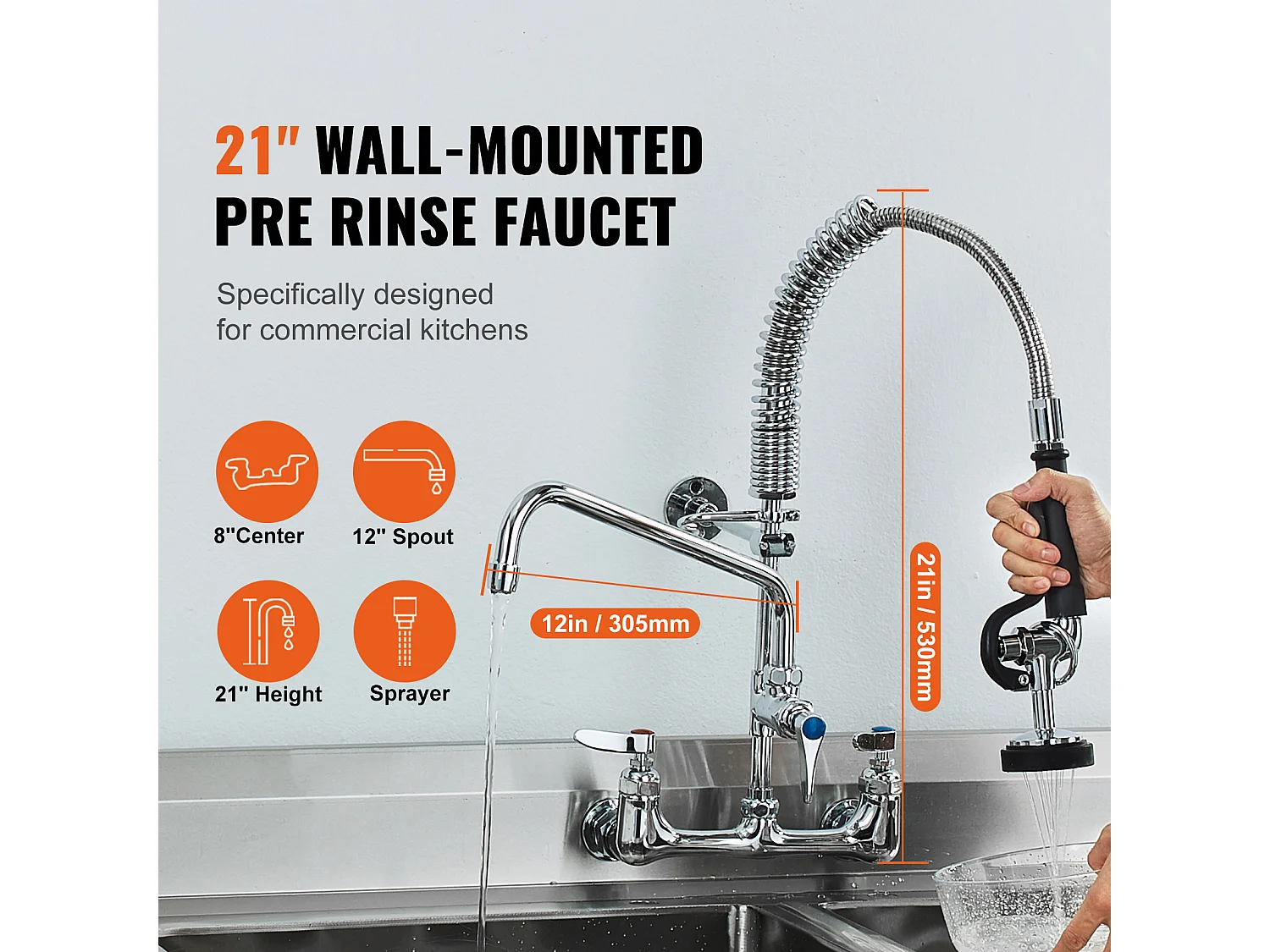 Robinet de Cuisine, SucceBuy Robinet d'Évier de Cuisine Mural Commercial - Avec Pulvérisateur de Pré-Rinçage, 53.3 cm