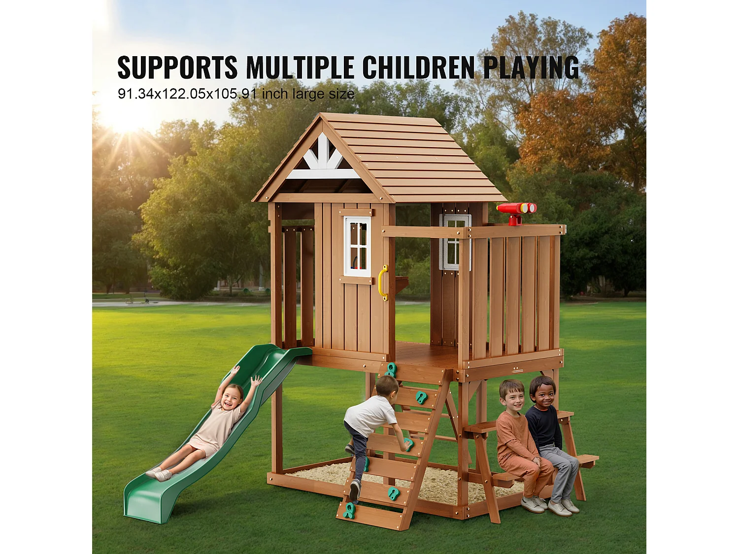 Casita de Juegos para Niños, SucceBuy - Casa de Juegos de Madera para Exteriores con Tobogán, Escalera y Ventana, Casa de Juegos de Jardín