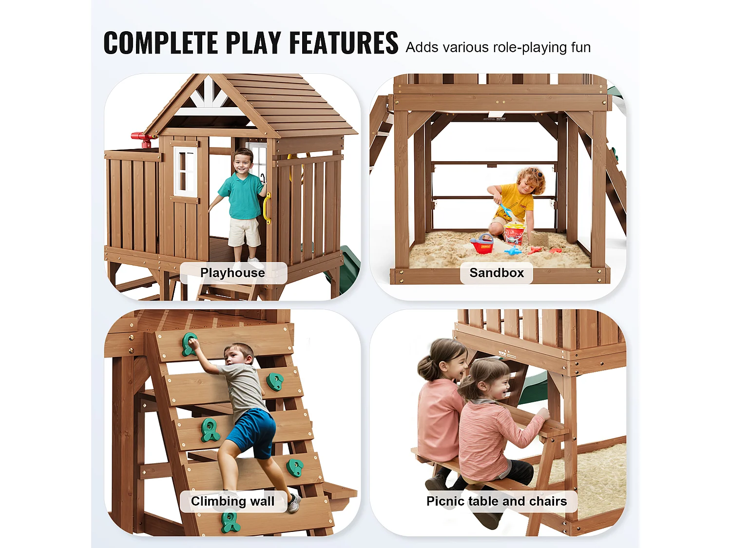 Casita de Juegos para Niños, SucceBuy - Casa de Juegos de Madera para Exteriores con Tobogán, Escalera y Ventana, Casa de Juegos de Jardín