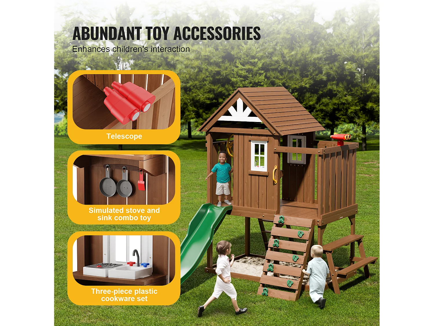 Casita de Juegos para Niños, SucceBuy - Casa de Juegos de Madera para Exteriores con Tobogán, Escalera y Ventana, Casa de Juegos de Jardín