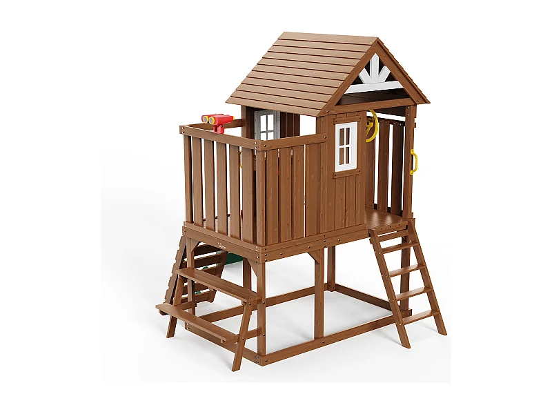 Casita de Juegos para Niños, SucceBuy - Casa de Juegos de Madera para Exteriores con Tobogán, Escalera y Ventana, Casa de Juegos de Jardín