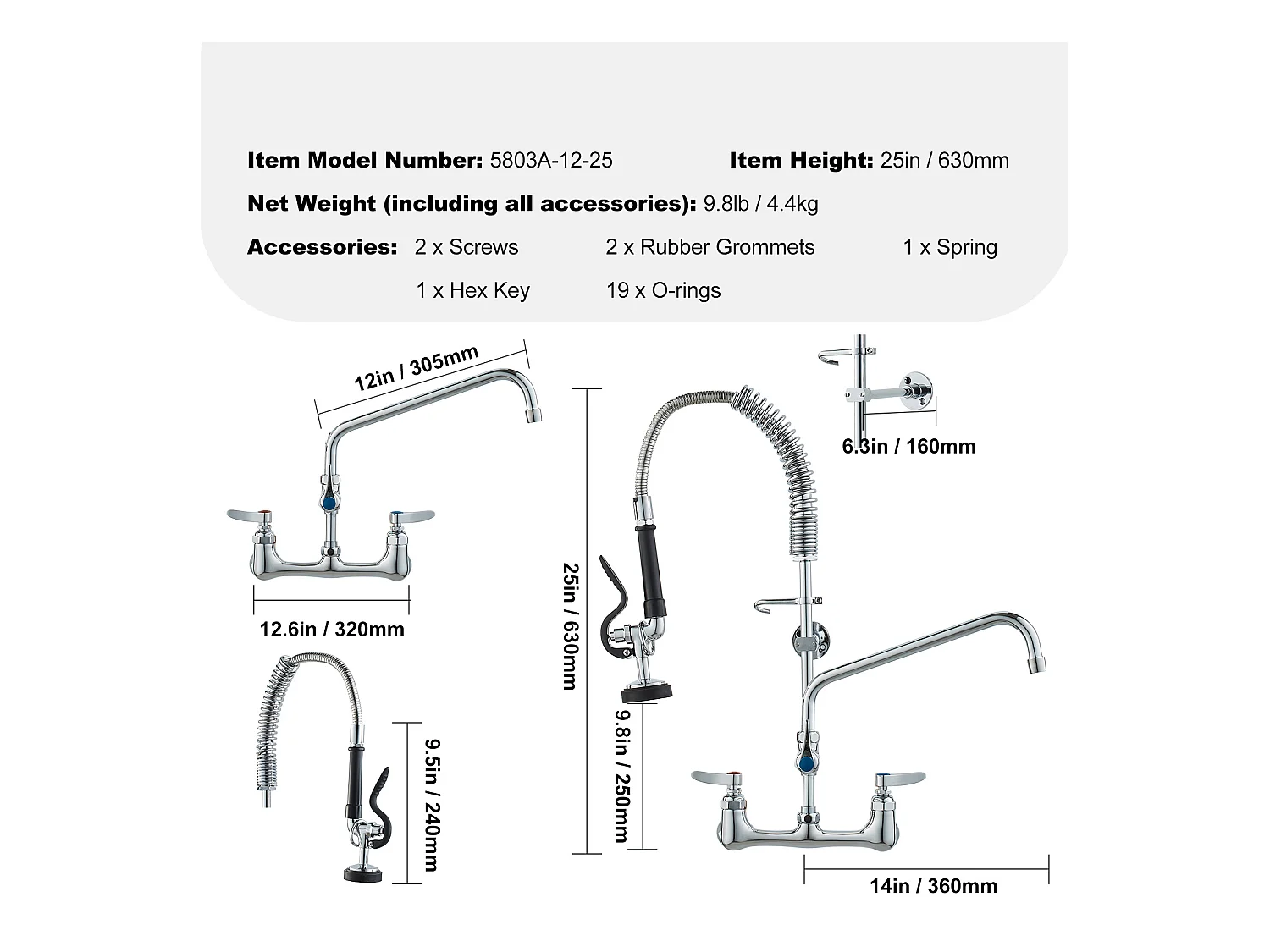 Keukenkraan, SucceBuy Commerciële Wandkraan - Met Voorspoelsproeier, 63.5 cm