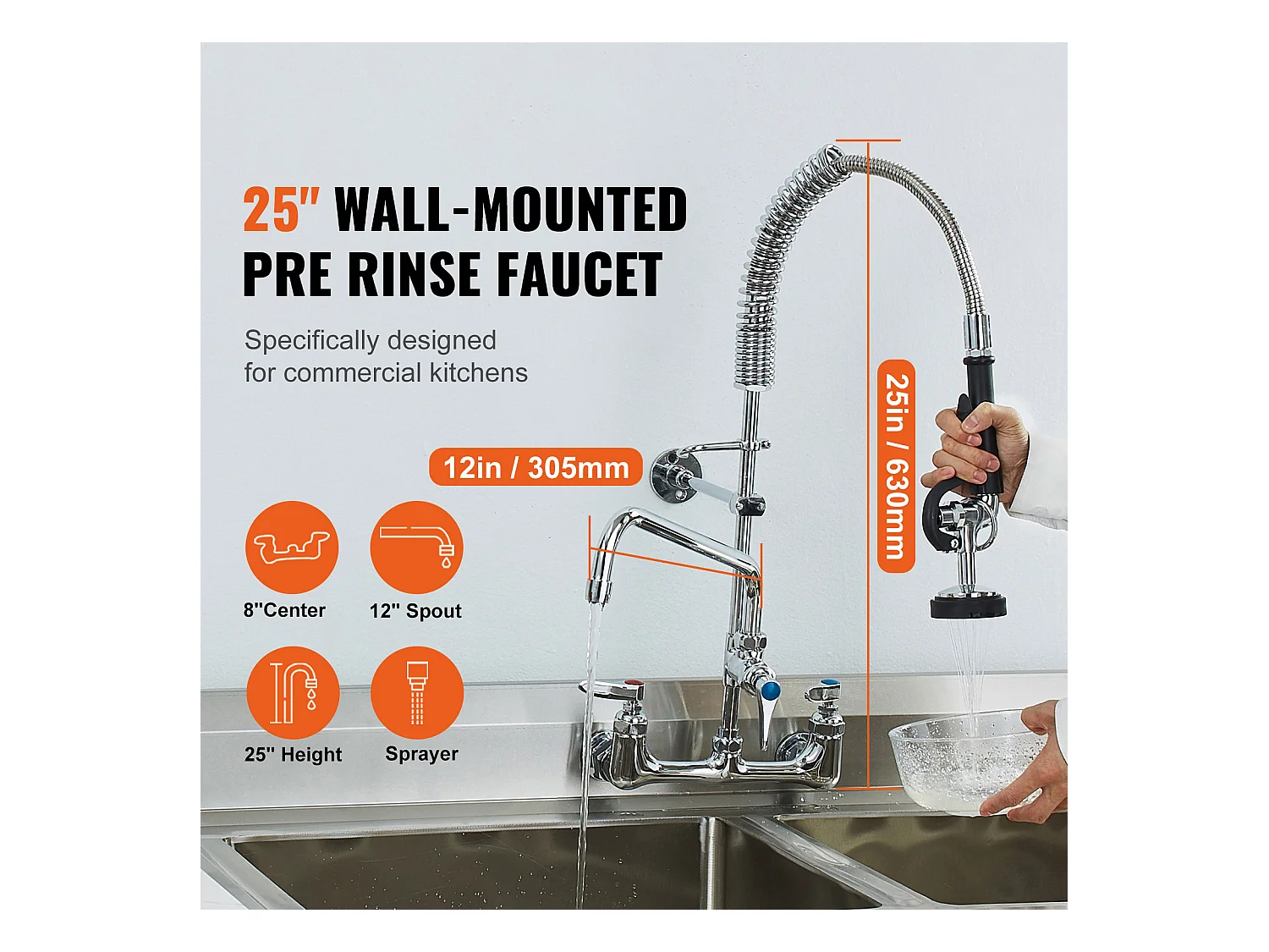 Keukenkraan, SucceBuy Commerciële Wandkraan - Met Voorspoelsproeier, 63.5 cm