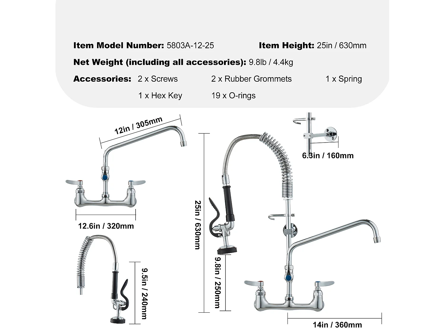 Robinet de Cuisine, SucceBuy Robinet d'Évier de Cuisine Mural Commercial - Avec Pulvérisateur de Pré-Rinçage, 63.5 cm